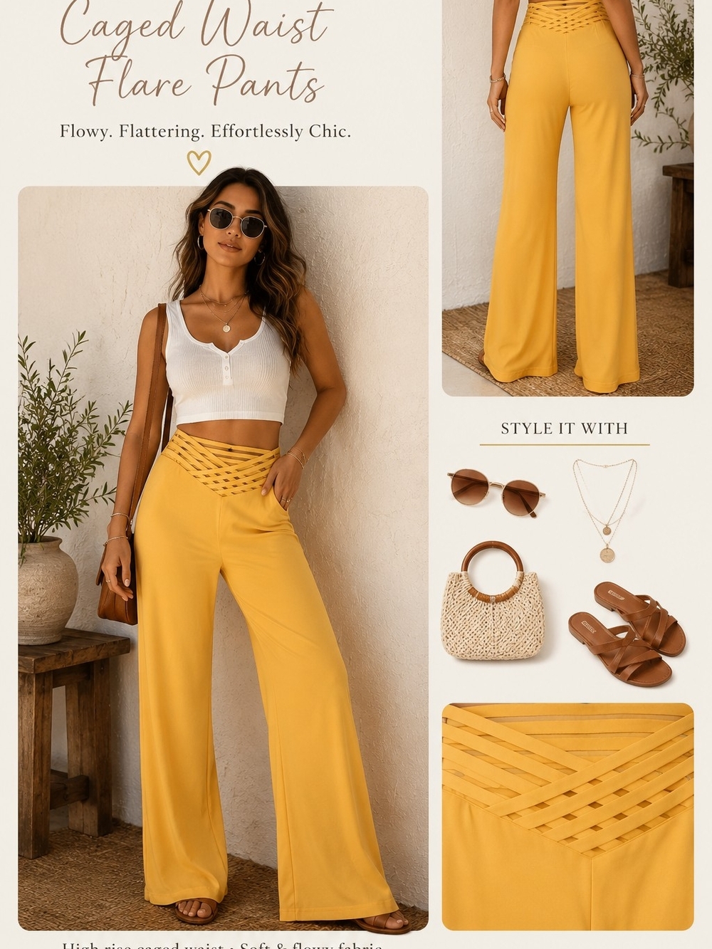 chic Caged Waist Wide-Leg Pants - Mustard Yellow